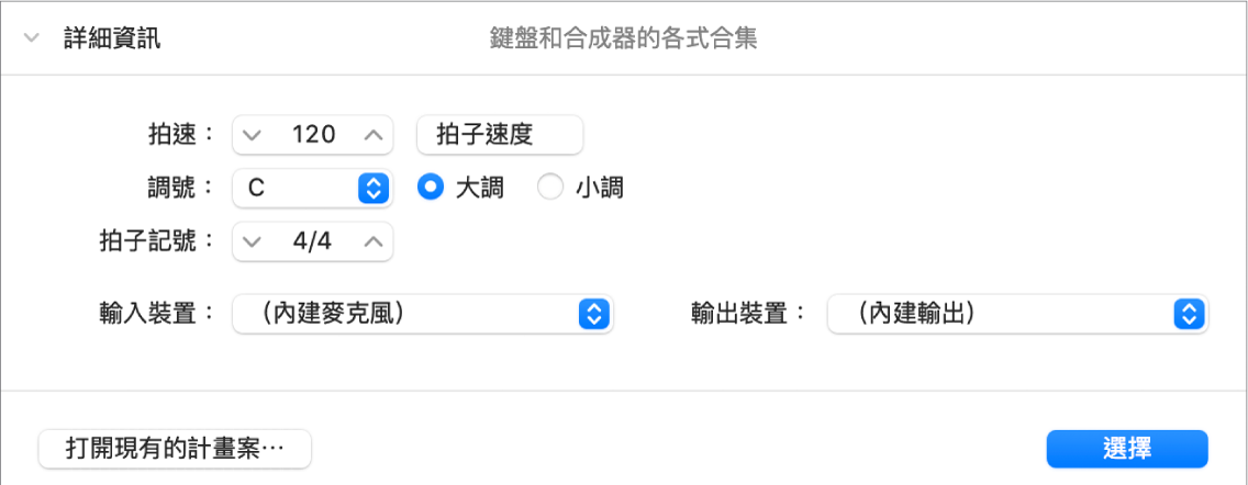 已開啟「計畫案選擇器」的「詳細資訊」區域，顯示參數