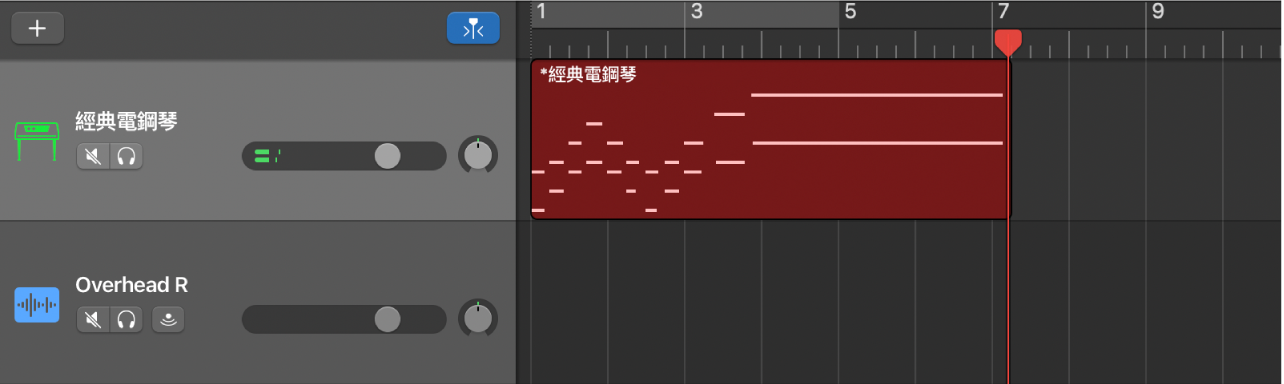 在「音軌」區域中以紅色顯示已錄製的 MIDI 區段。