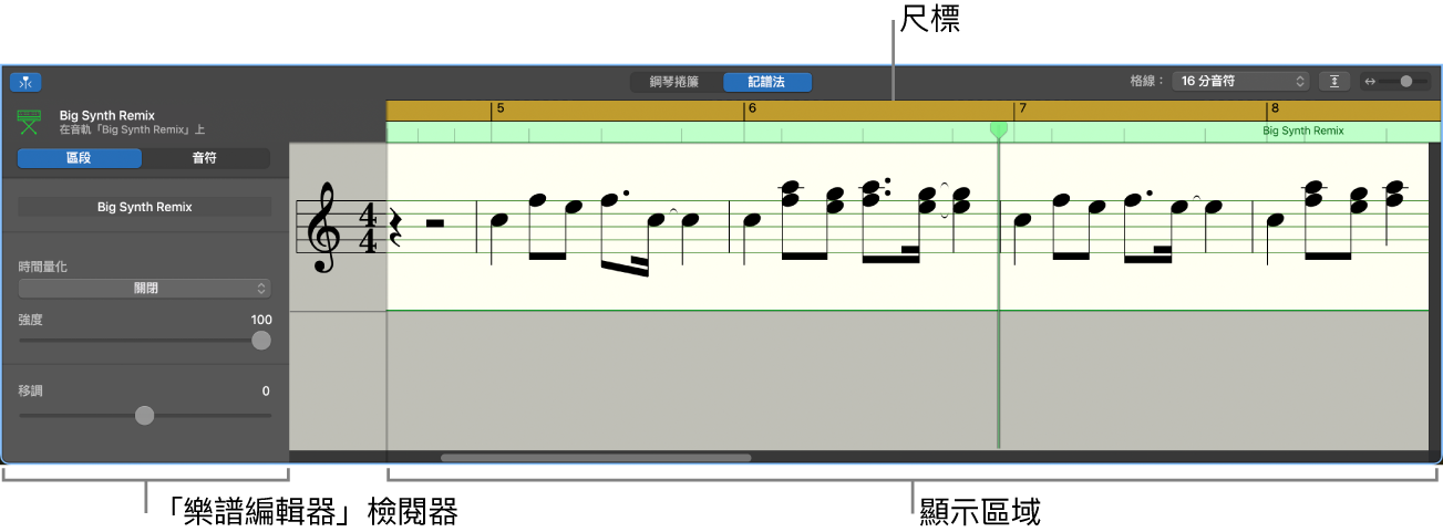 顯示檢閱器和顯示區域的「樂譜編輯器」。