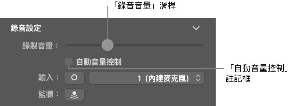 「智慧型控制項目」檢閱器中的「錄製音量」和「自動音量」註記框。