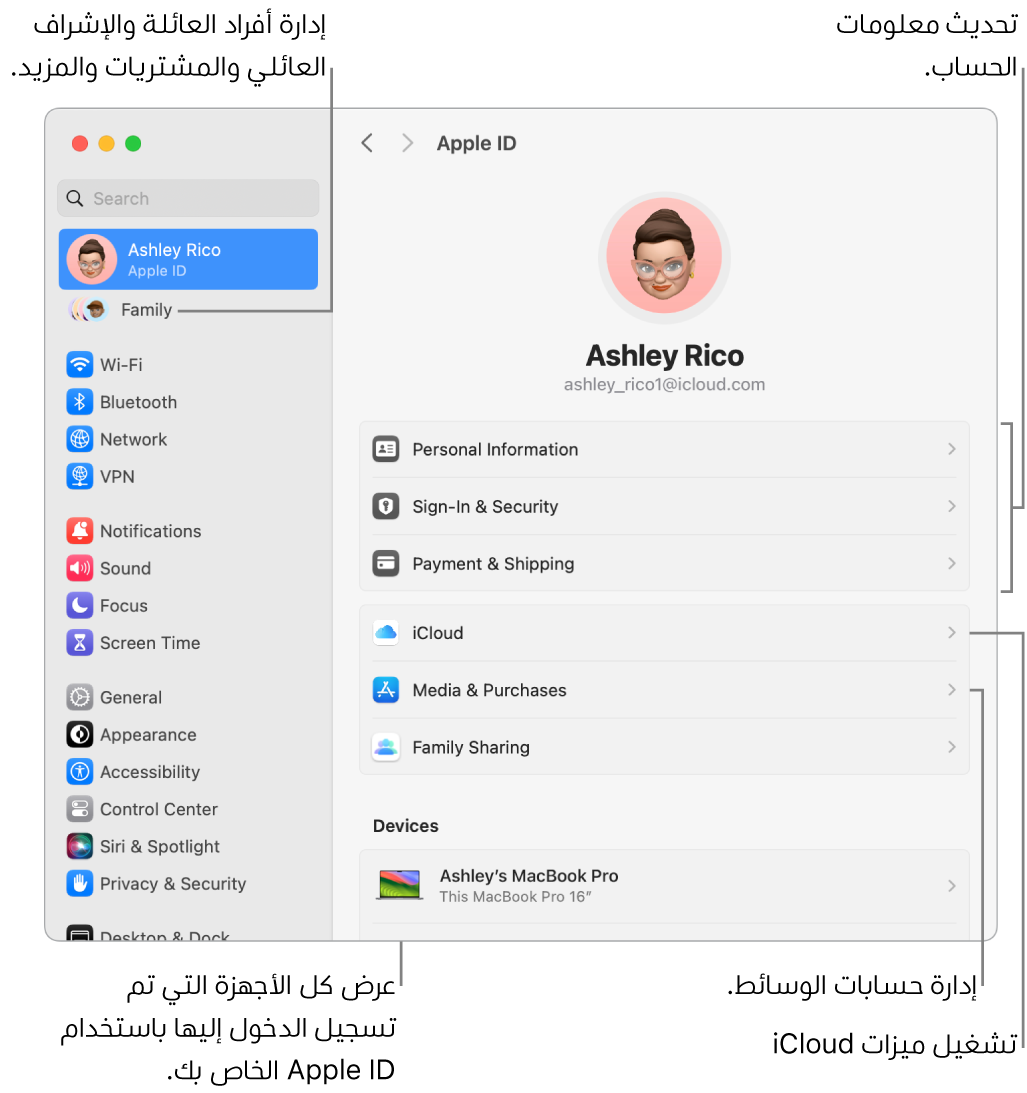 إعدادات Apple ID في إعدادات النظام بها وسائل شرح لتحديث معلومات الحساب، وتشغيل ميزات iCloud أو إيقافها، وإدارة حسابات الوسائط، والعائلة، حيث يمكنك إدارة أفراد العائلة والإشراف العائلي والمشتريات والمزيد.