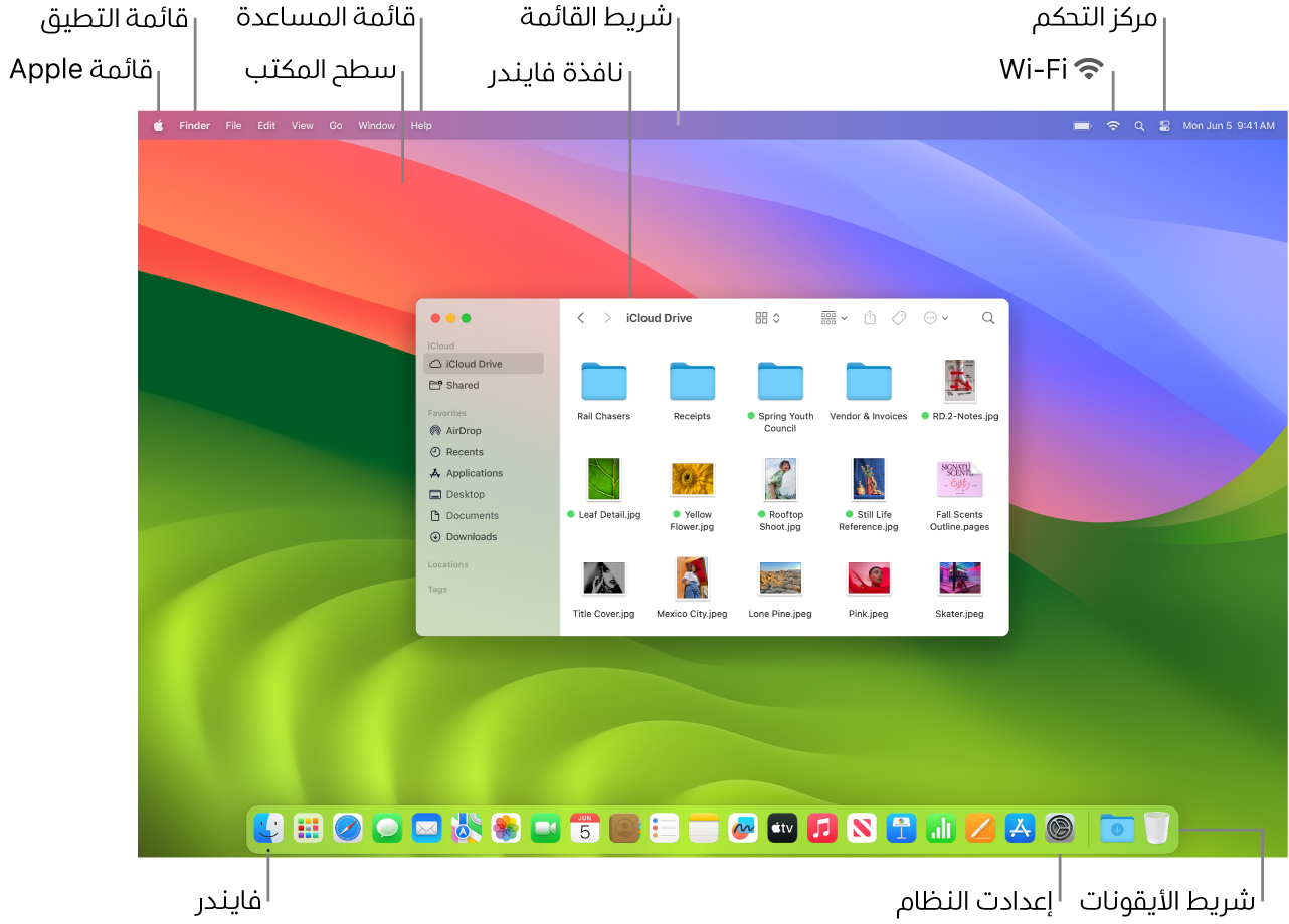 شاشة Mac تعرض قائمة Apple وسطح المكتب وقائمة المساعدة ونافذة فايندر وشريط القائمة وأيقونة Wi-Fi وأيقونة مركز التحكم وأيقونة فايندر وأيقونة إعدادات النظام وشريط الأيقونات.