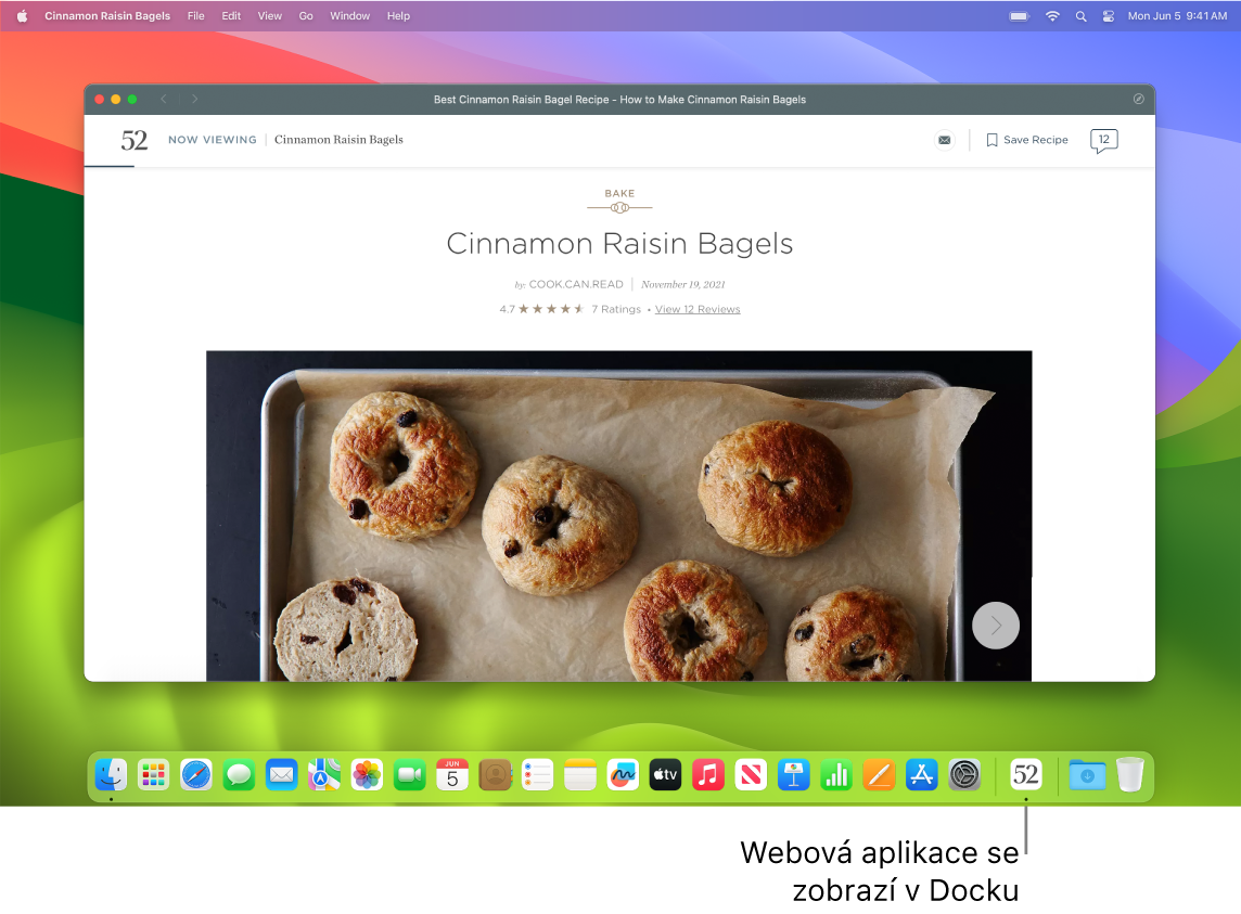 Otevřená webová aplikace s příslušnou ikonou v Docku