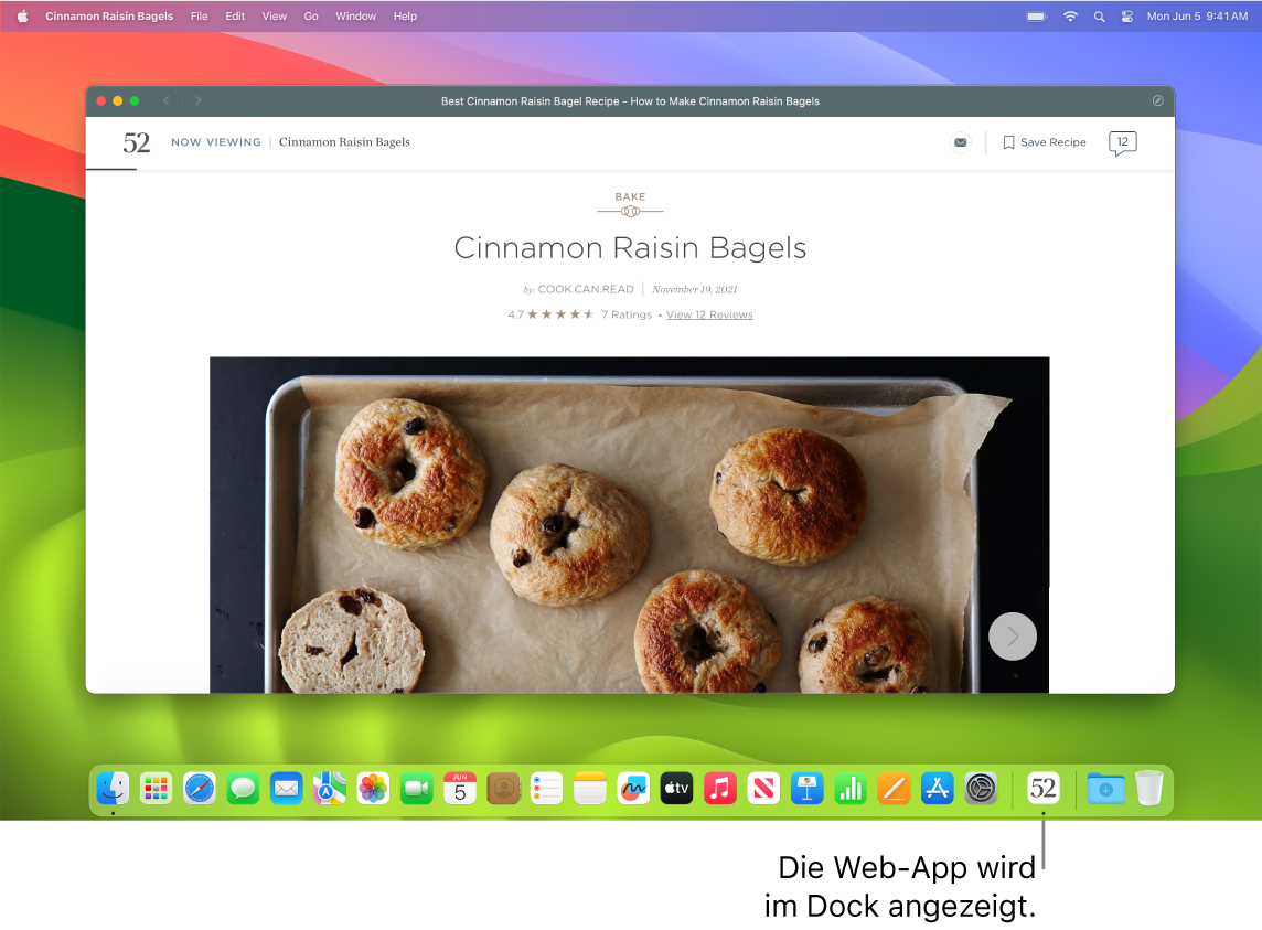 Eine geöffnete Web-App mit ihrem Symbol im Dock.