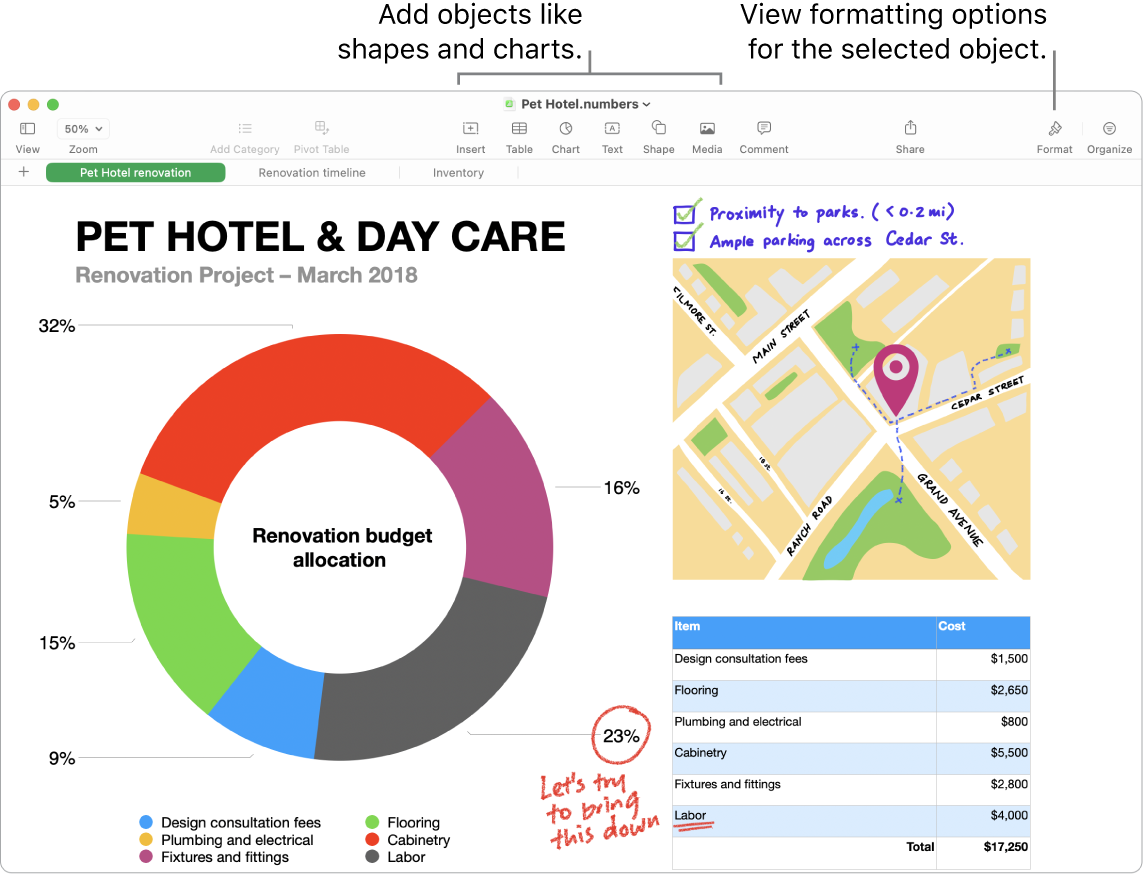 A Numbers window with the toolbar and its editing tools at the top, the Collaborate button near the top right, and the Format and Organize buttons on the right.