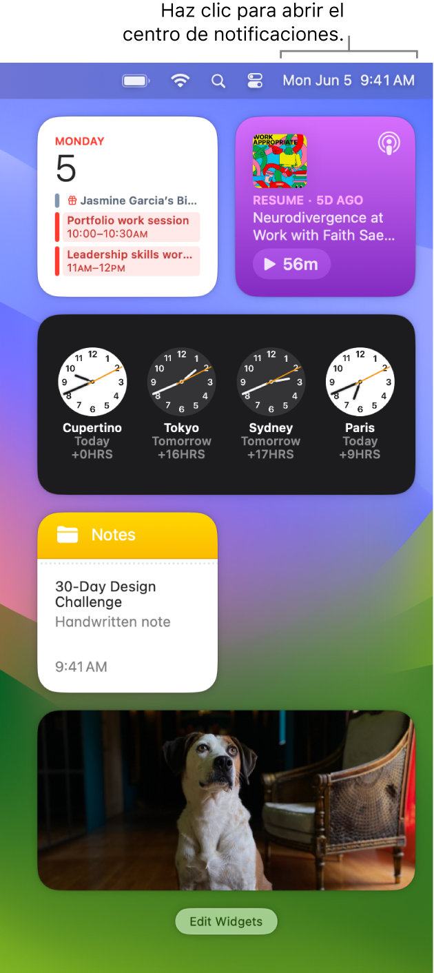 El centro de notificaciones con notificaciones y widgets de Fotos, Casa, Calendario y Tiempo en pantalla.