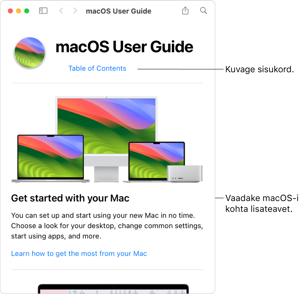 macOS-i kasutusjuhendi tervituslehel kuvatakse sisukorra linki.