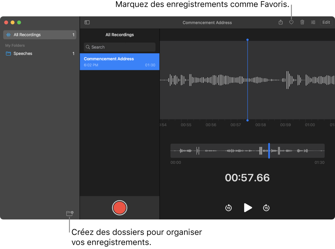 Fenêtre de Dictaphone montrant comment créer de nouveaux dossiers ou marquer des enregistrements comme favoris.