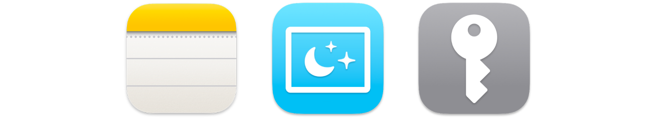 Les icônes de l’app Notes, de l’économiseur d’écran et des mots de passe.