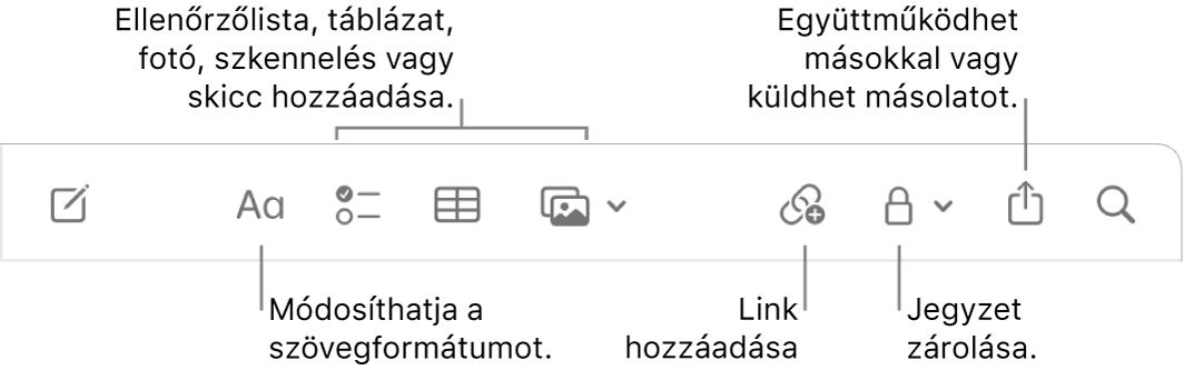 A Jegyzetek eszközsor a szövegformátum, az ellenőrzőlista, a táblázat, a link, a fotók/média, a zár, a megosztás és a másolat küldése eszközök ábrafelirataival.