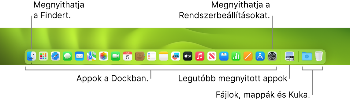 A Dock képe a Finderrel, a Rendszerbeállításokkal, illetve egy elválasztóval a Dock területén, amely elválasztja az appokat a fájloktól és mappáktól.