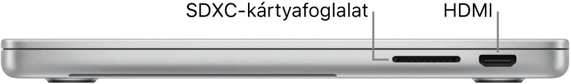 A 16 hüvelykes MacBook Pro jobb oldali nézete az SDXC-kártyafoglalatra, egy Thunderbolt 4 (USB-C) portra és egy HDMI-portra mutató feliratokkal.