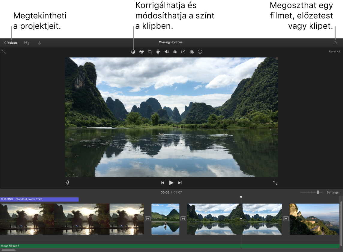 Gombok egy iMovie-ablakban, amelyekkel megtekintheti a projektjeit, korrigálhatja és beállíthatja a színeket, illetve megoszthatja a filmjét, előzetesét vagy filmklipjét.