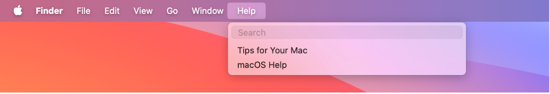 Una vista parziale della scrivania con il menu Aiuto aperto che mostra le opzioni di menu Cerca e Aiuto di macOS.