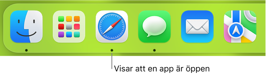 En del av Dock visar svarta prickar under öppna appar.