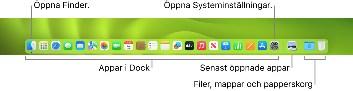 Dock som visar Finder, Systeminställningar och avdelaren i Dock som skiljer appar från filer och mappar.