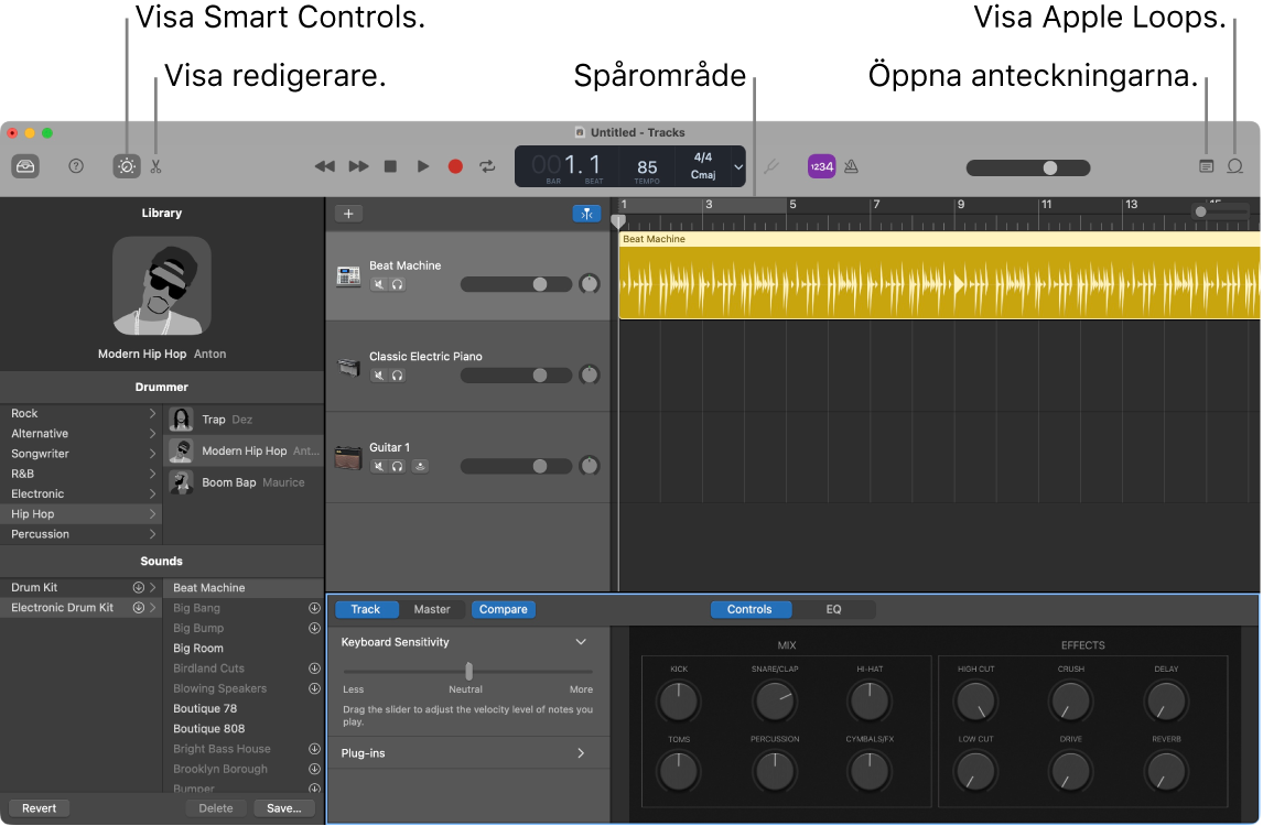 Ett GarageBand-fönster som visar knapparna för att komma åt Smart Controls, Redigerare, Anteckningar och Apple Loops. Även visningen av spår syns.