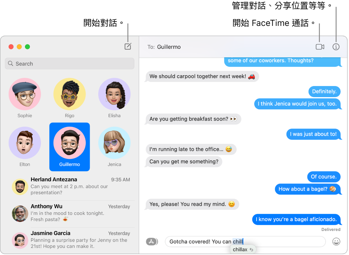 「訊息」視窗，顯示如何開始對話以及如何開始 FaceTime 通話。