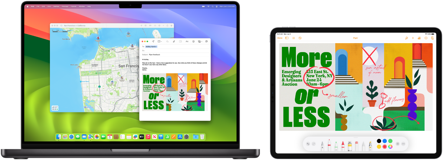 並排的 MacBook Pro 和 iPad。iPad 螢幕上顯示帶有註解的傳單。MacBook Pro 螢幕上顯示一則「郵件」訊息，附件為從 iPad 傳來已加上註解的傳單。
