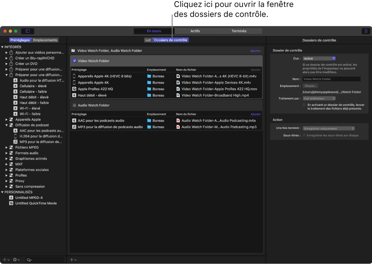 Interface de Compressor avec l’espace de travail Dossiers de contrôle qui s’affiche.