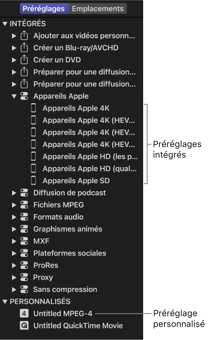 Fenêtre Préréglages affichant un ensemble de préréglages intégrés et personnalisés.