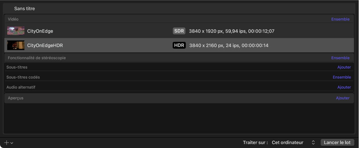 Zone du lot affichant les informations de sortie pour de la vidéo SDR et de la vidéo HDR.