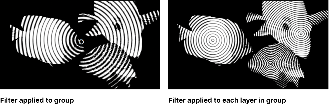 Canvas mit dem relativen Effekt eines Filters, der einmal auf eine Gruppe oder mehrmals auf jedes Einzelobjekt in der Gruppe angewendet wird