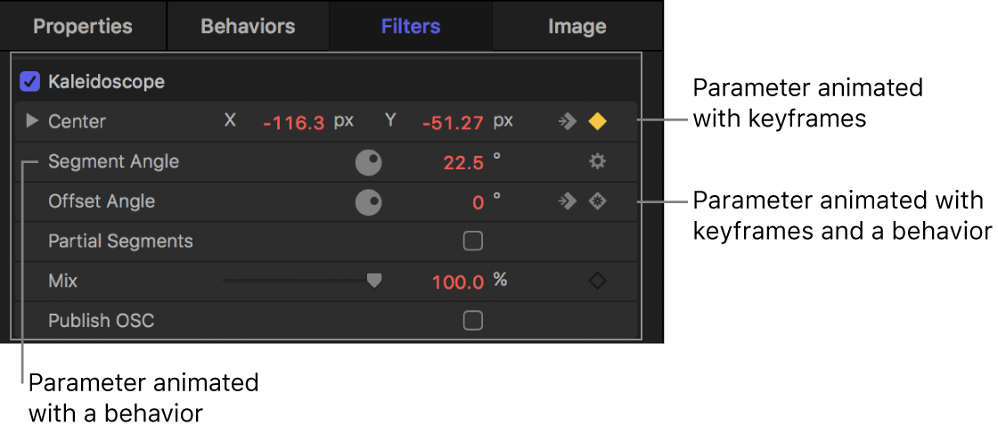 Informationsfenster mit einem Parameter, auf den Keyframes angewendet wurden, einem Parameter, auf den ein Verhalten angewendet wurde, und einem Parameter, auf den Keyframes und ein Verhalten angewendet wurden