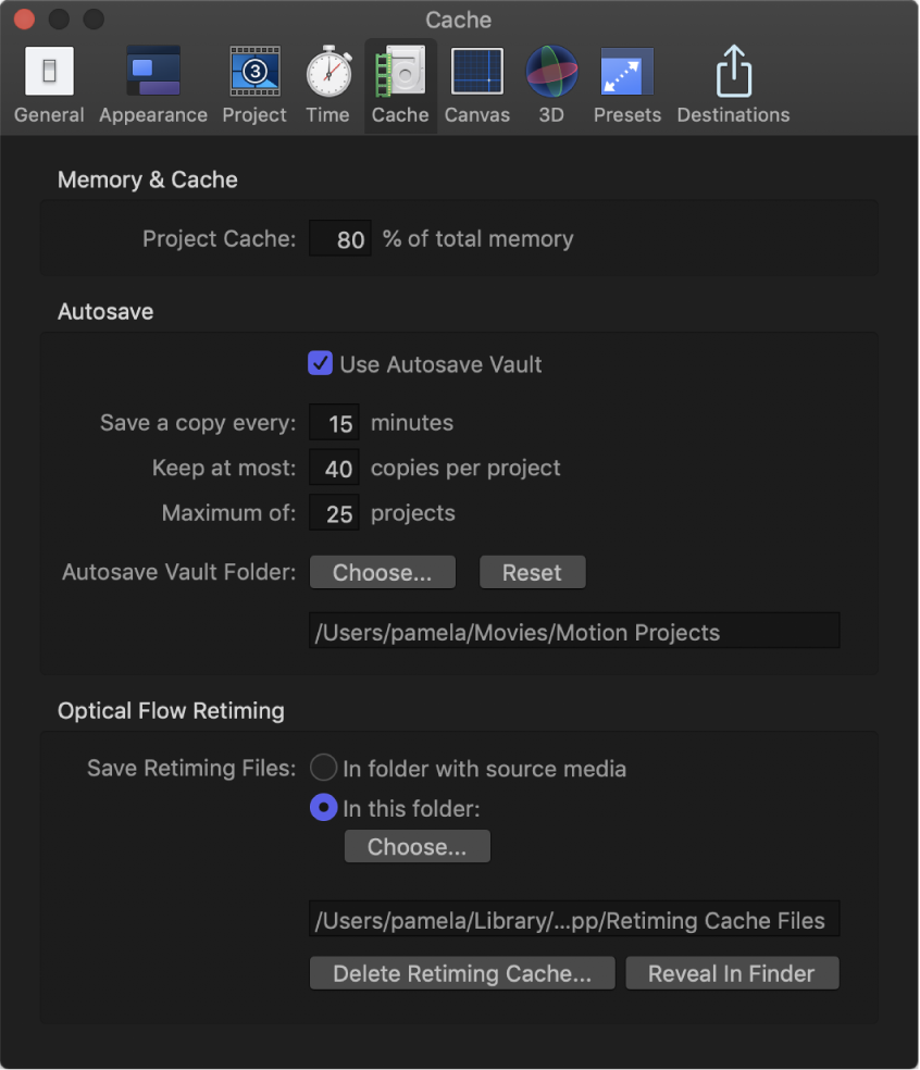 Motion Settings window showing Cache pane