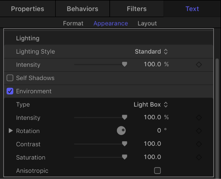 Environment controls in the Appearance pane of the Text Inspector