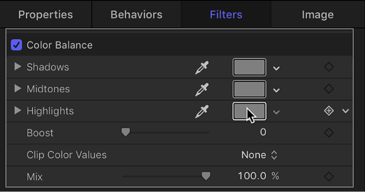 Color Balance filter parameters