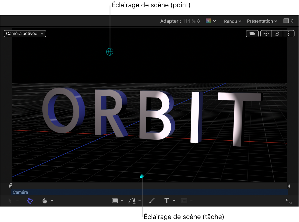 Canevas affichant un objet texte 3D avec une lumière de scène