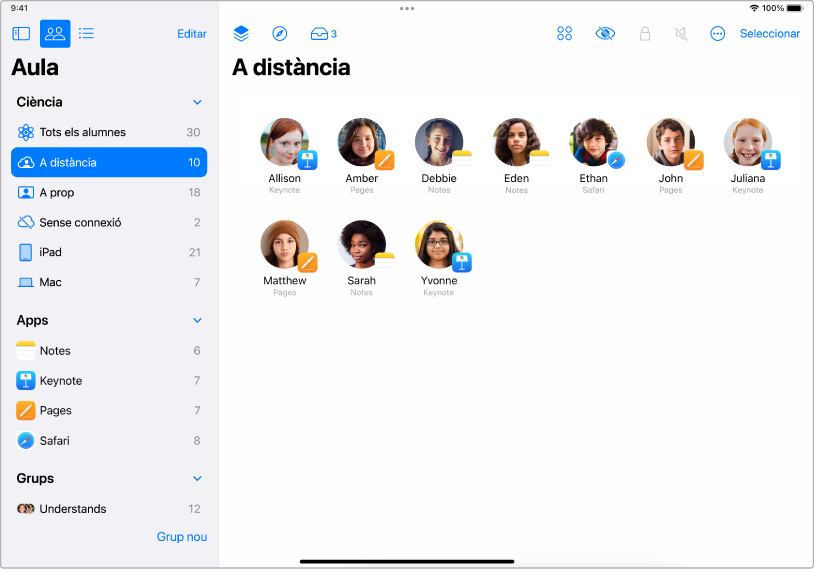 Finestra de l’app Aula a l’iPad que mostra els alumnes seleccionats que hi assisteixen en remot.