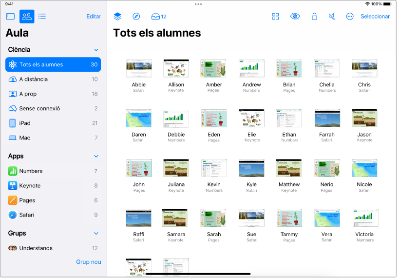 La finestra de l’app Aula a l’iPad amb el botó “Tots els alumnes” ressaltat. La pantalla de cada alumne seleccionat es mostra a la part inferior de la pantalla.