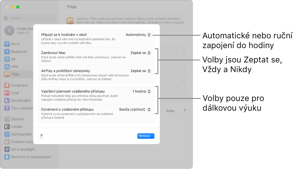 Dostupná oprávnění aplikace Třída z pohledu studentů