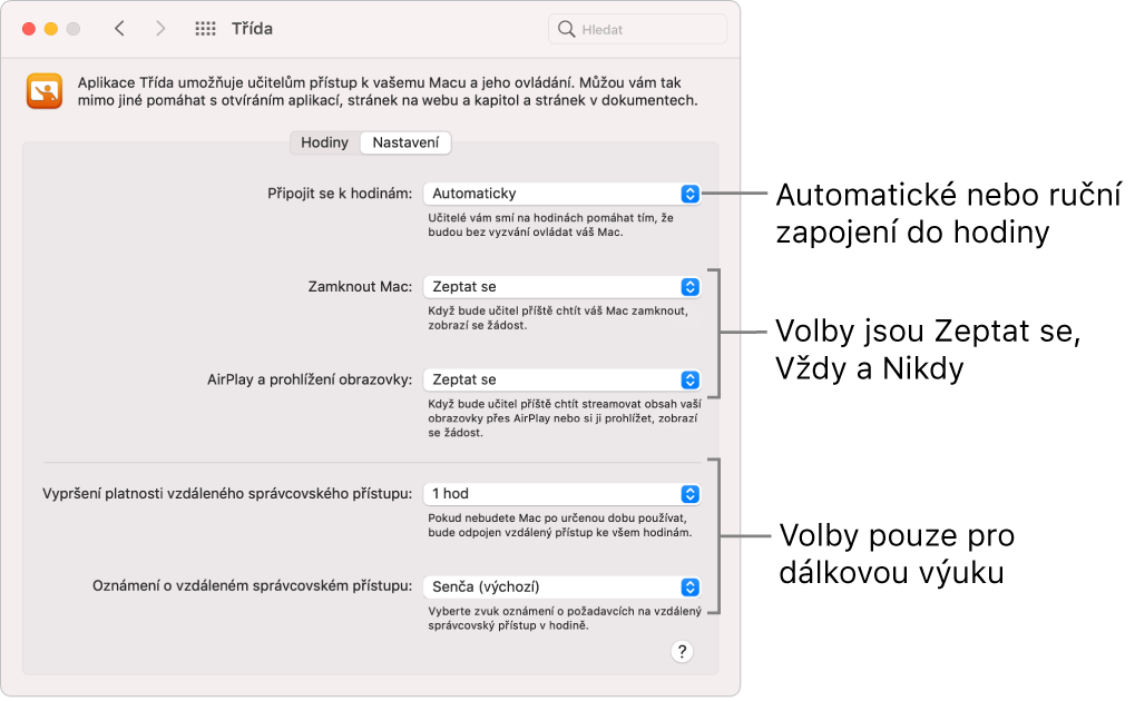 Dostupná oprávnění aplikace Třída z pohledu studentů