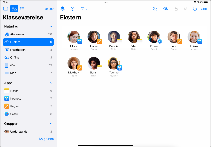 Vindue i Klasseværelse på iPad, der viser valgte eksterne elever.