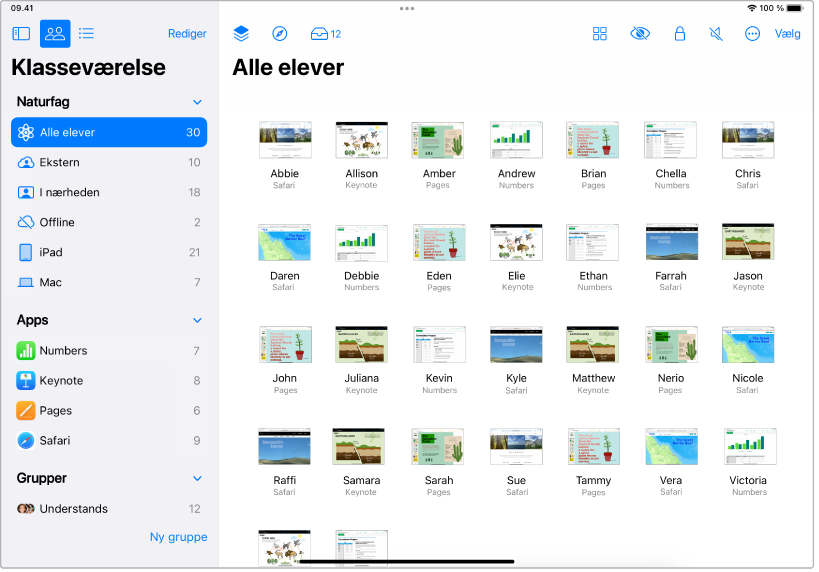 Vinduet Klasseværelse på iPad med knappen Alle elever fremhævet. Hver af de valgte elevers skærme vises på den nederste del af skærmen.