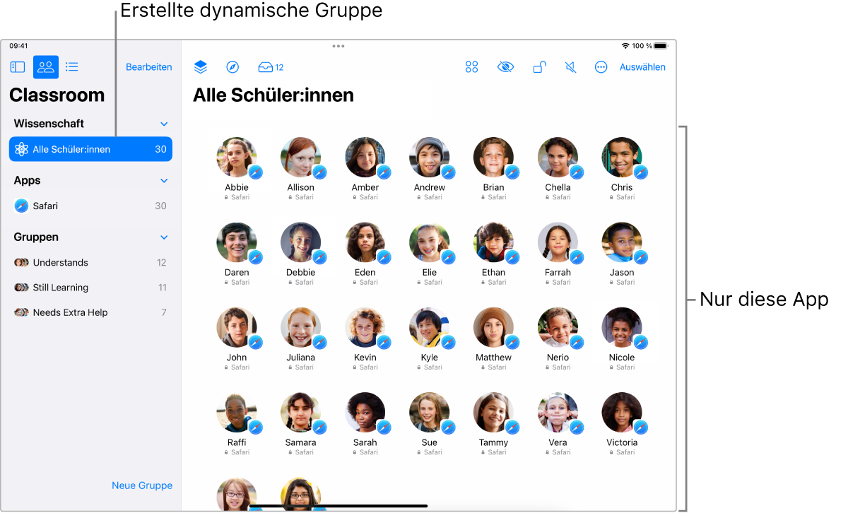 Das Fenster der App „Classroom“ auf dem iPad mit einer Gruppe von Schülern, für die eine App im geöffneten Zustand gesperrt ist.