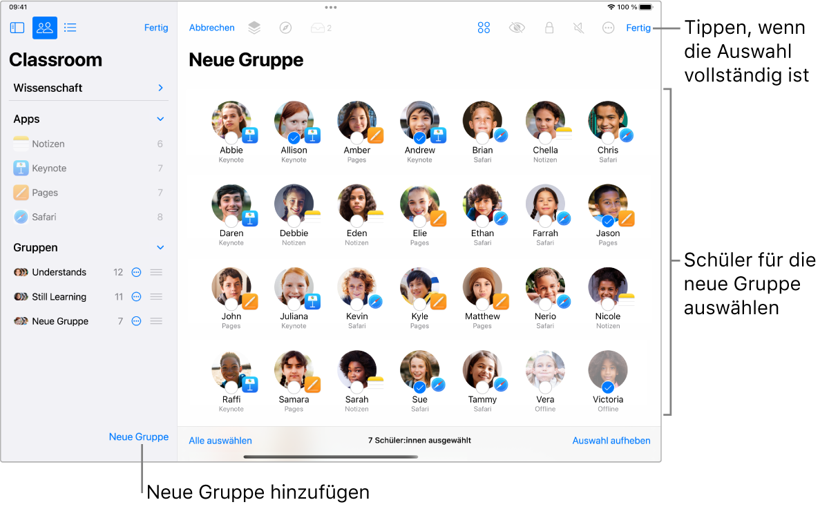 Das Fenster „Classroom“ zeigt die Namen und Fotos von Schülern, die für eine neue Gruppe ausgewählt wurden.