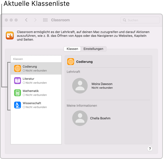 Darstellung für Schüler der in der App „Classroom“ eingerichteten Klassen, die ihnen zur Verfügung stehen.