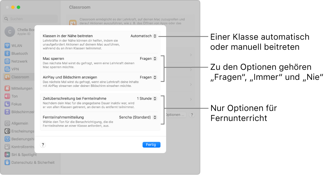 Darstellung für Schüler der in der App „Classroom“ festgelegten Berechtigungen, die ihnen zur Verfügung stehen.