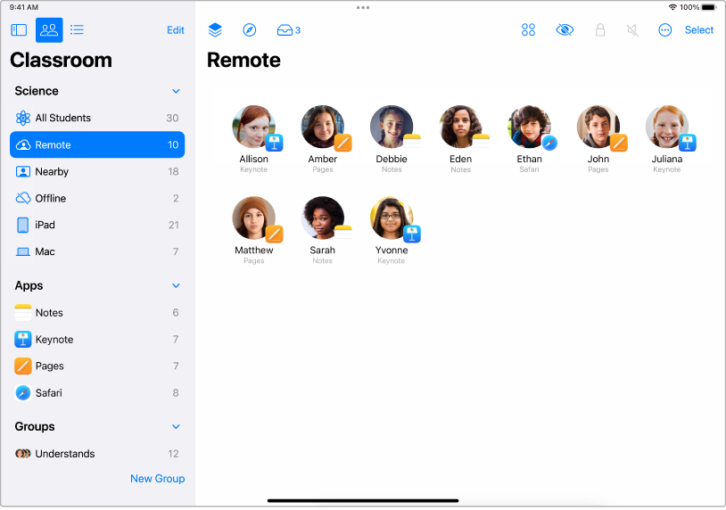 The Classroom window on iPad showing selected students who are remote.