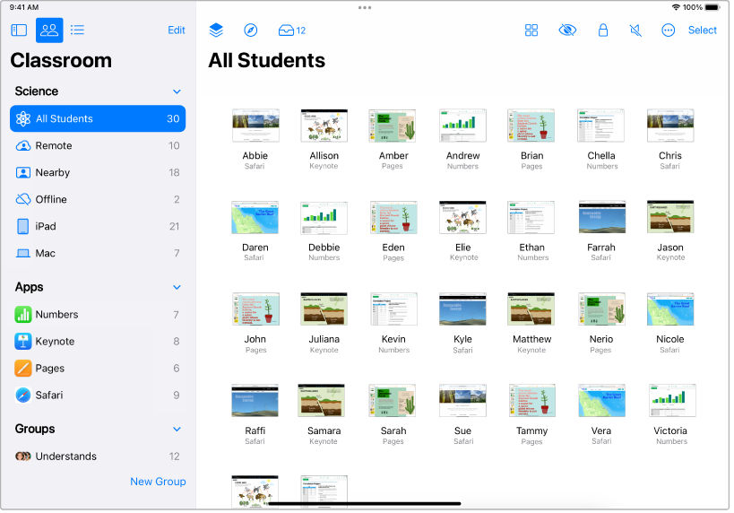 The Classroom window on iPad, with the button All Students highlighted. The screen of each selected student is displayed in the lower part of the screen.