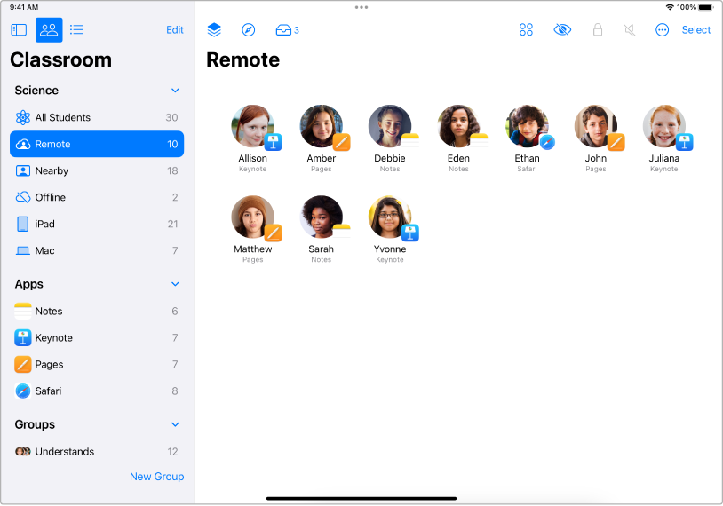 The Classroom window on iPad showing selected students who are remote.