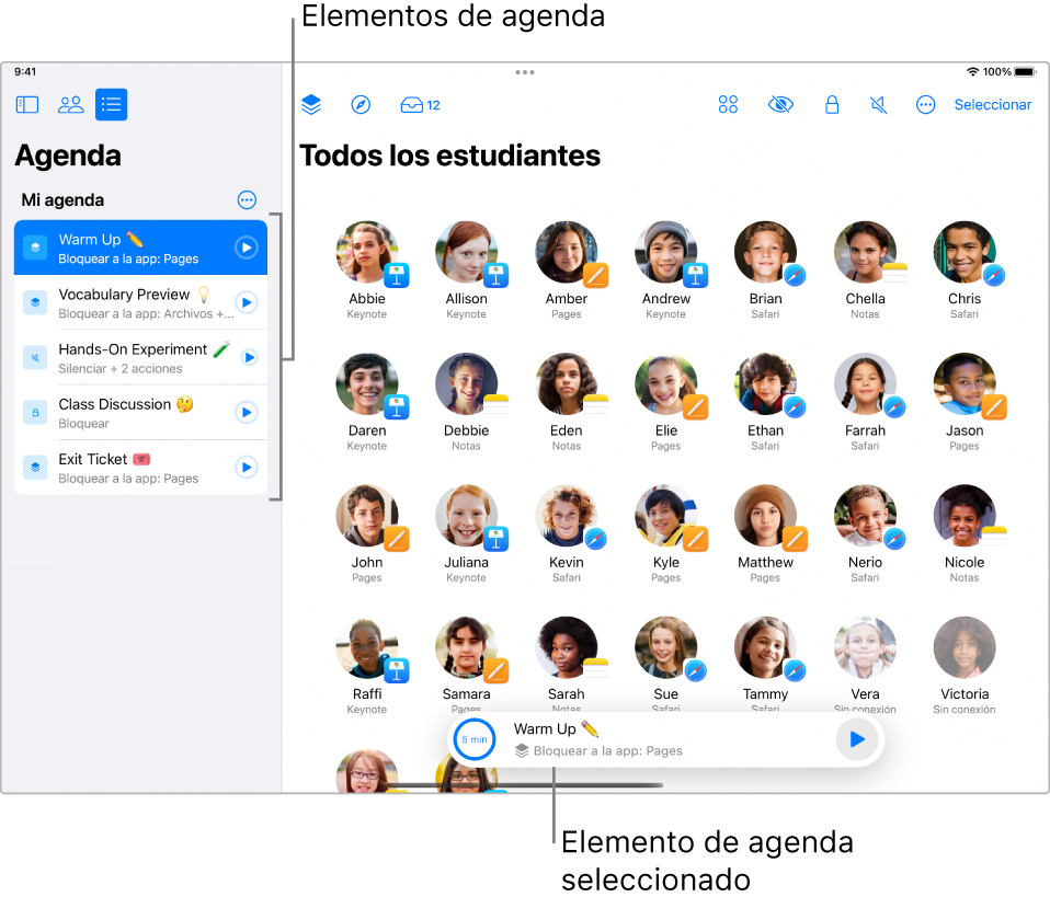 El selector de agendas en un iPad mostrando una agenda llamada “Mi agenda”.