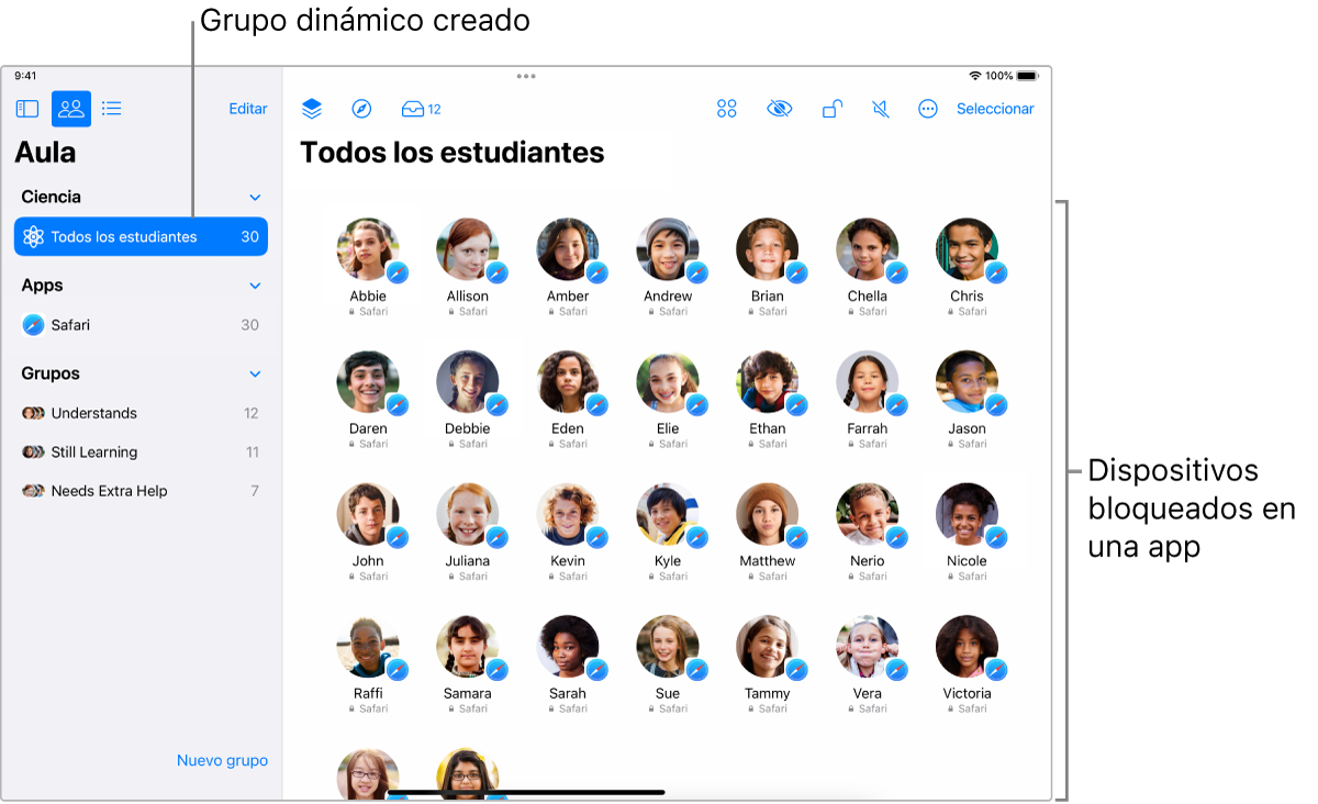 La ventana de Aula en el iPad mostrando un grupo de estudiantes “anclados” a una app.