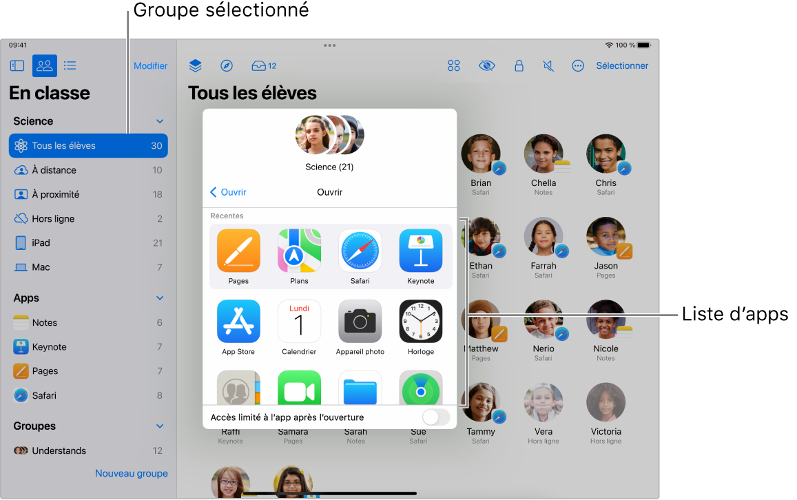 La fenêtre d’« En classe » qui affiche les apps disponibles lorsque vous touchez le bouton Ouvrir.