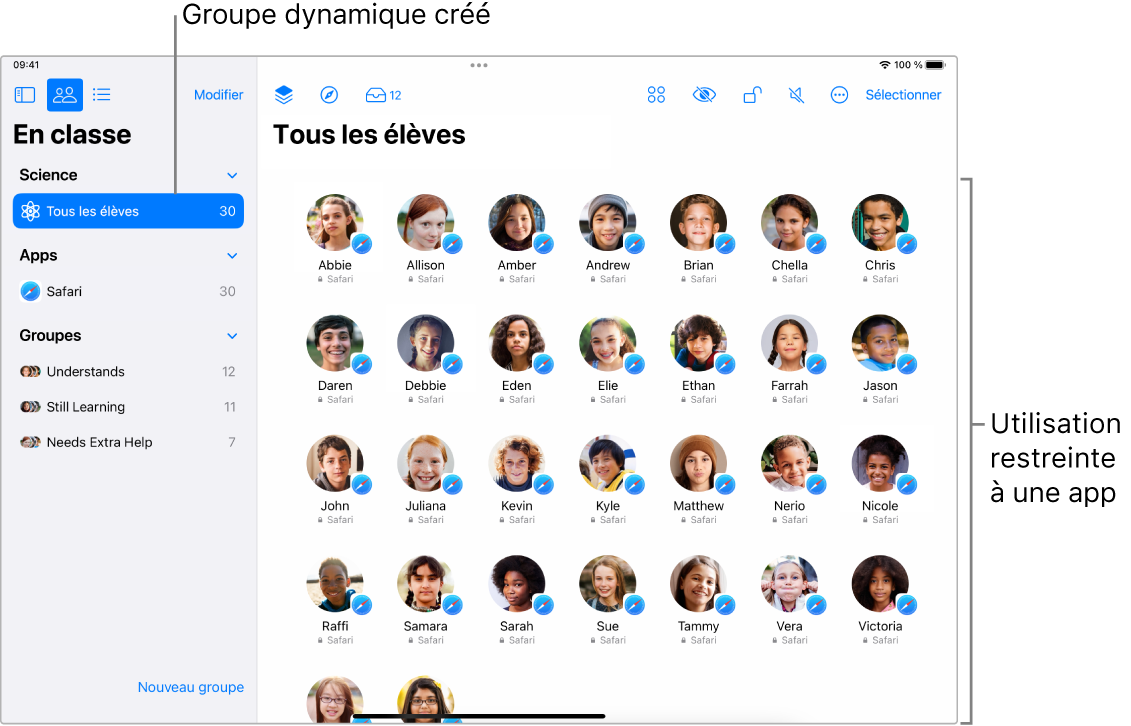 La fenêtre d’« En classe » sur l’iPad qui affiche un groupe d’élèves dont l’utilisation de l’iPad est restreinte à une app.