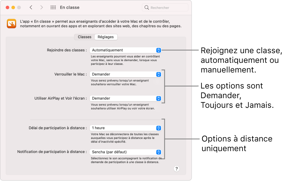 Affichage par les élèves des autorisations d’En classe qui leur sont accessibles.